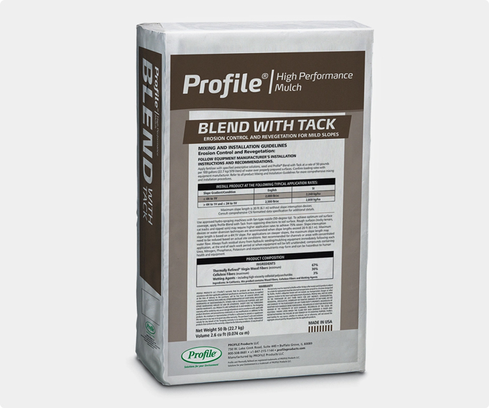 A white bag labeled Profile High Performance Mulch Blend With Tack stands upright. The packaging features product details, mixing instructions, and application rates in brown and white text.