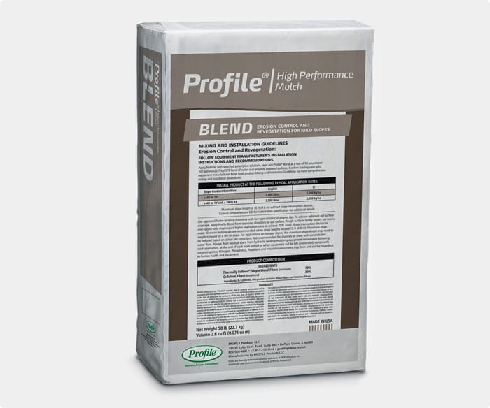 A white and gray bag labeled Profile High Performance Mulch BLEND with detailed product information and guidelines printed on the front. The bag stands upright on a plain background.