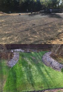 Top: Workers stand on a barren, dirt-covered area near woods. Bottom: The same area is now covered in green grass with rock-lined drainage on both sides, bordered by trees.