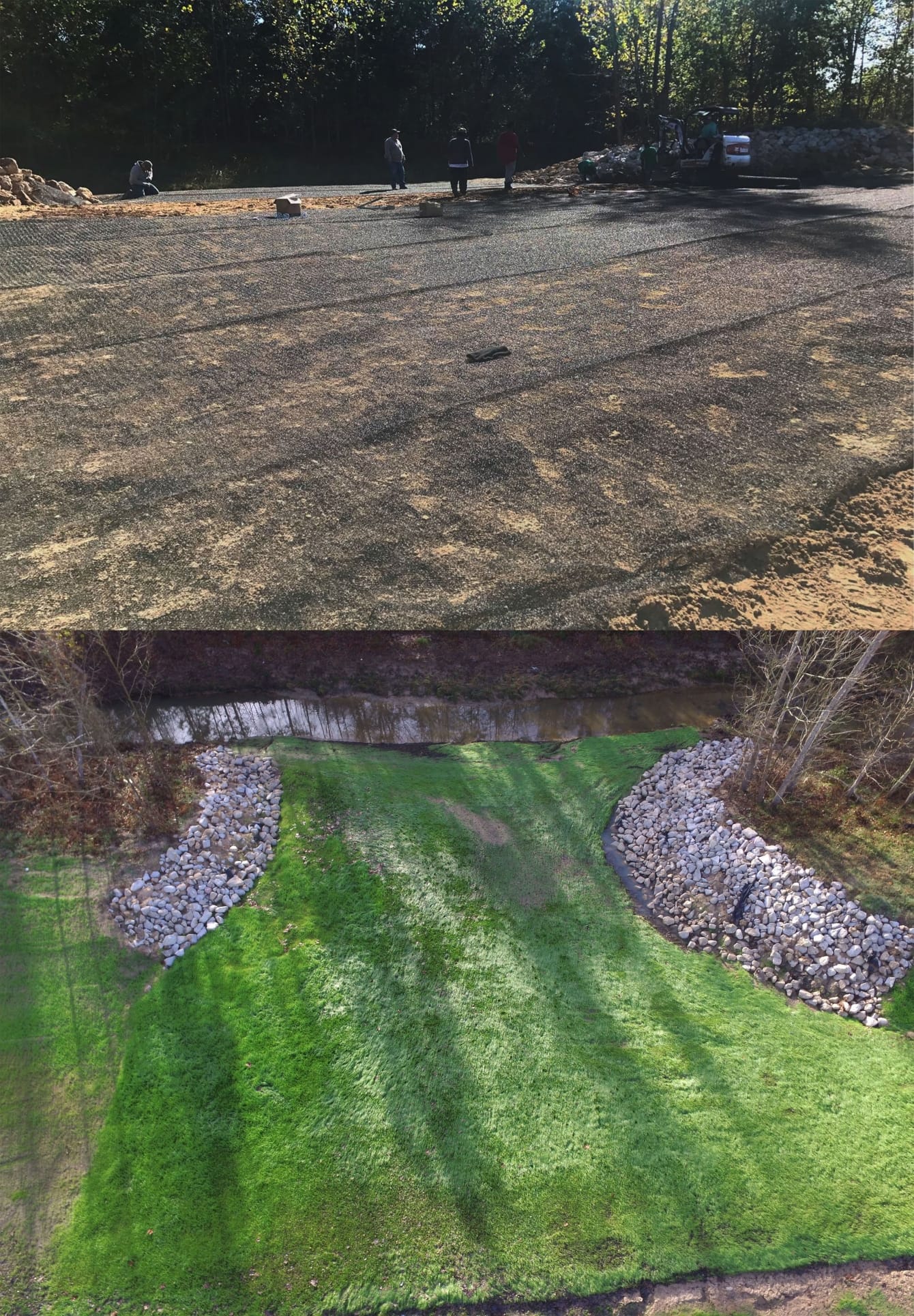 Top: Workers stand on a barren, dirt-covered area near woods. Bottom: The same area is now covered in green grass with rock-lined drainage on both sides, bordered by trees.