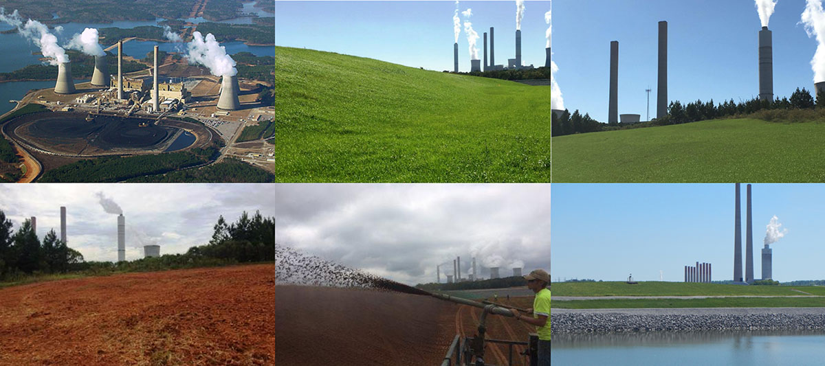 A collage shows a power plant, grassy hills, smokestacks, red soil, a worker spraying material, and a lake, illustrating land transformation and environmental management near an industrial facility.