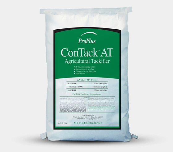 White bag labeled “ProPlus ConTack AT Agricultural Tackifier” with a large green label showing application rates, product description, and net weight of 50 lbs (22.7 kg).