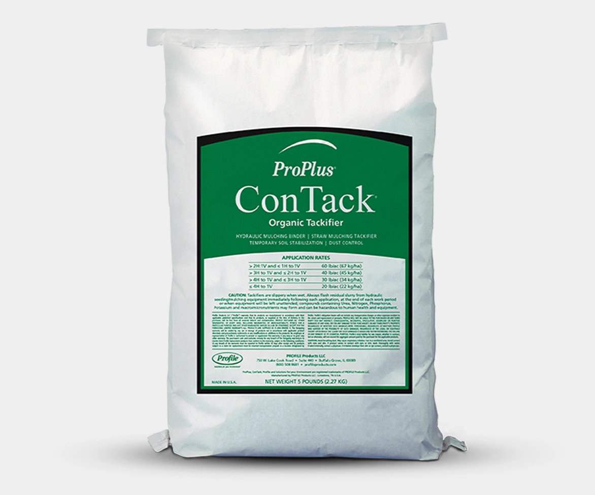 White bag labeled “ProPlus ConTack Organic Tackifier” with a large green label showing application rates, product description, and net weight of 5 pounds (2.27 kg).