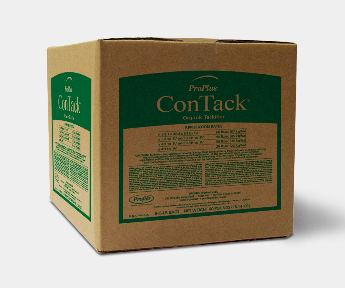 Cardboard box labeled “ProPlus ConTack Organic Tackifier” with green product labels on the front and side panels displaying application rates and product information, net weight 40 pounds (18.14 kg).