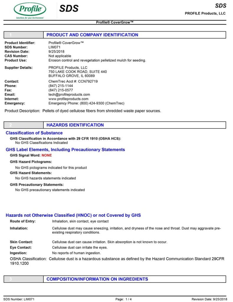 A safety data sheet (SDS) for Profile CoverGrow, including product details, manufacturer contact info, and hazard identification. The product contains wood cellulose fibers from shredded paper sources.