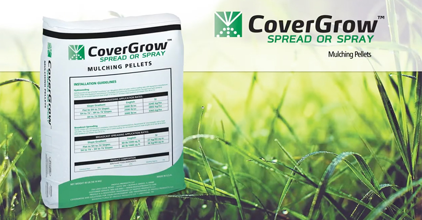Bag of CoverGrow Mulching Pellets on grass, with installation guidelines on the bag. The CoverGrow logo, green text, and a grass background are also shown on the right side of the image.