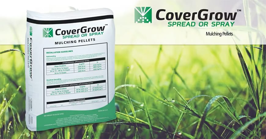 A bag of CoverGrow Mulching Pellets stands on green grass, with the CoverGrow logo and product name displayed on a banner in the background. The bag shows installation guidelines and usage information.