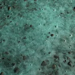 Close-up of green foamy liquid with small bubbles and scattered dirt and gravel particles on the surface.