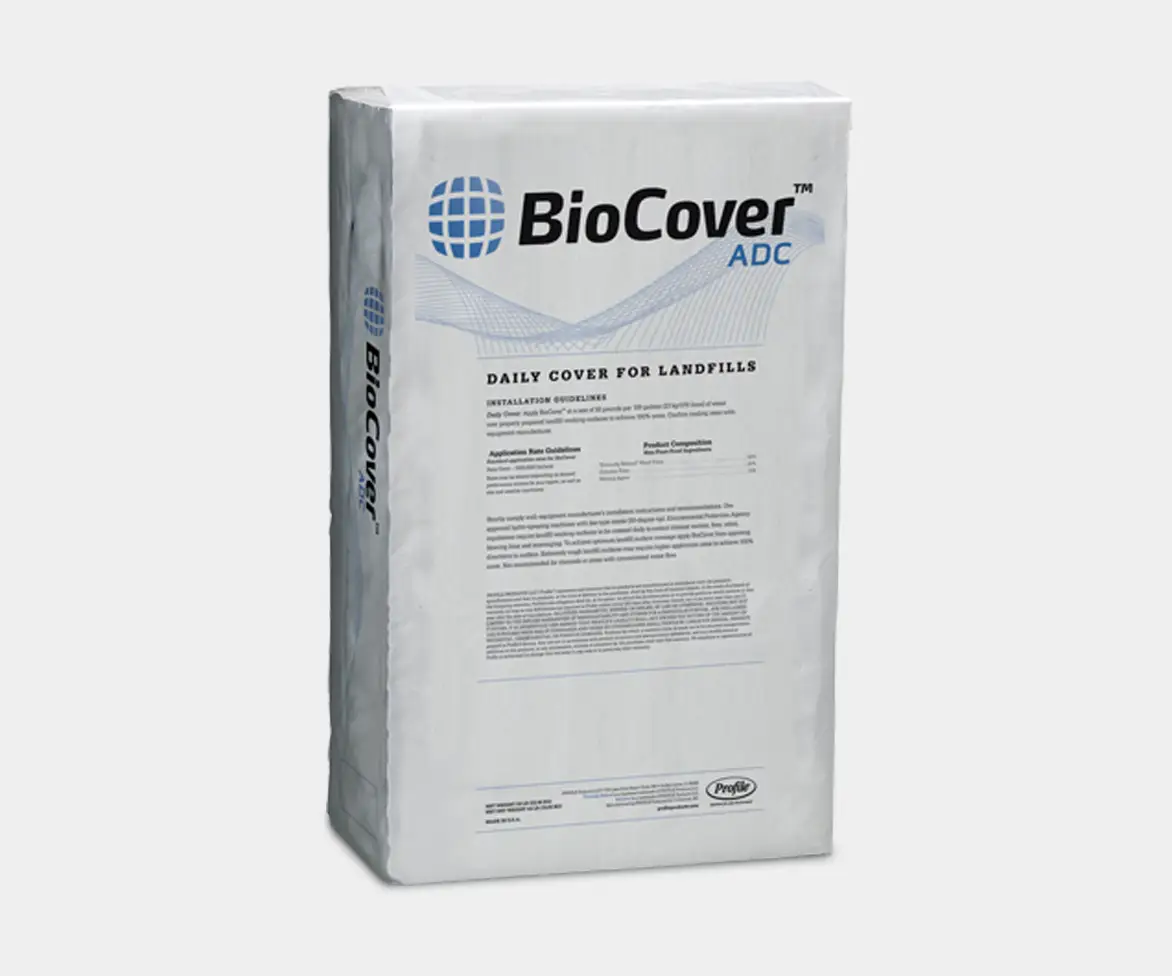 White bag of BioCover ADC with blue globe logo and the text “BioCover ADC.” The front label reads “Daily Cover for Landfills” with installation guidelines and product information, and a small Profile logo near the bottom.