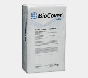 White bag of BioCover ADC with blue globe logo and the text “BioCover ADC.” The front label reads “Daily Cover for Landfills” with installation guidelines and product information, and a small Profile logo near the bottom.