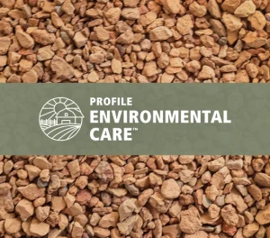 A background of small, reddish-brown stones with a green banner across the center. The banner displays a white farm logo and the words Profile Environmental Care™ in bold white text.