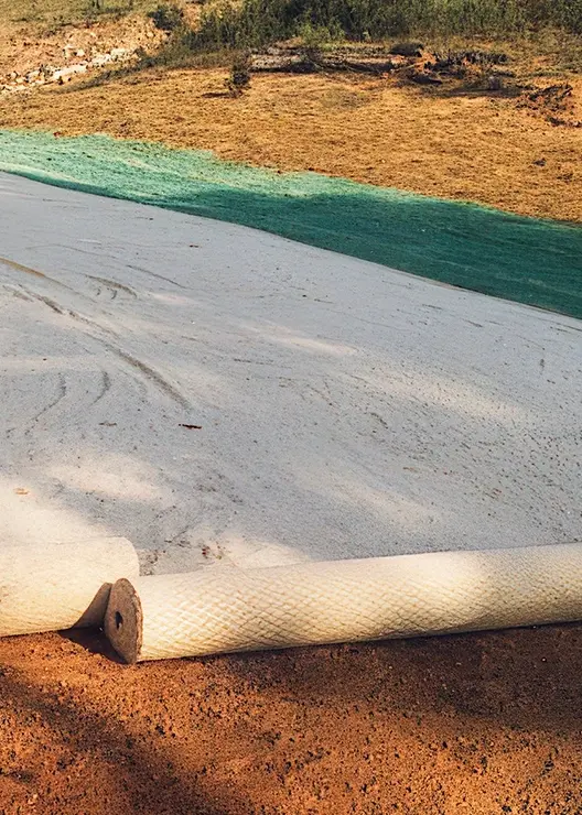 A close-up of a rolled-out cricket pitch cover on brown dirt, with a grassy field and dry, sandy area in the background.
