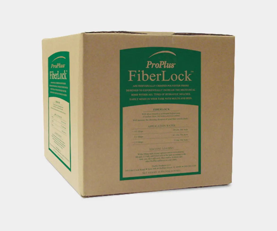 Cardboard box labeled “ProPlus FiberLock” with a large green product label on the front panel and a smaller matching label on the side. The label includes product information and application rates text.