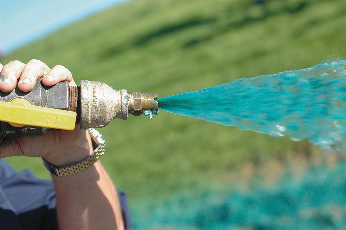 A person sprays a blue-green liquid from a hose nozzle outdoors, with grass visible in the background.