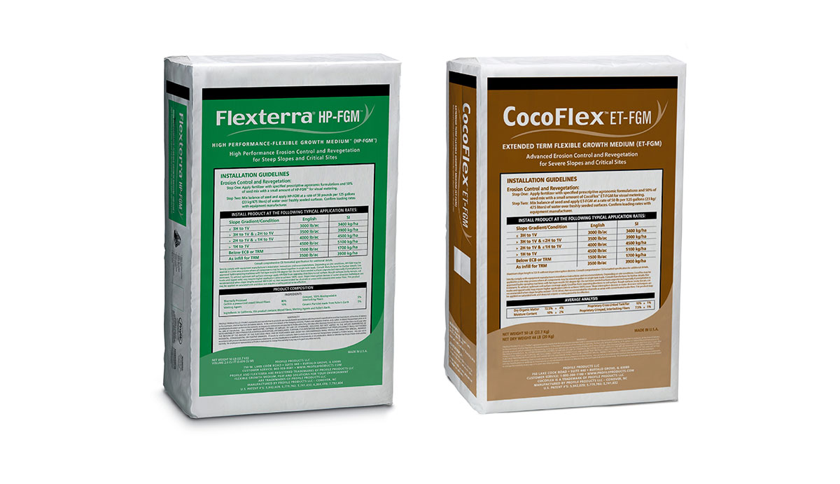 Two white bags of erosion control products: Flexterra HP-FGM with a green label and CocoFlex ET-FGM with a brown label, both displaying product details and installation guidelines on their fronts.