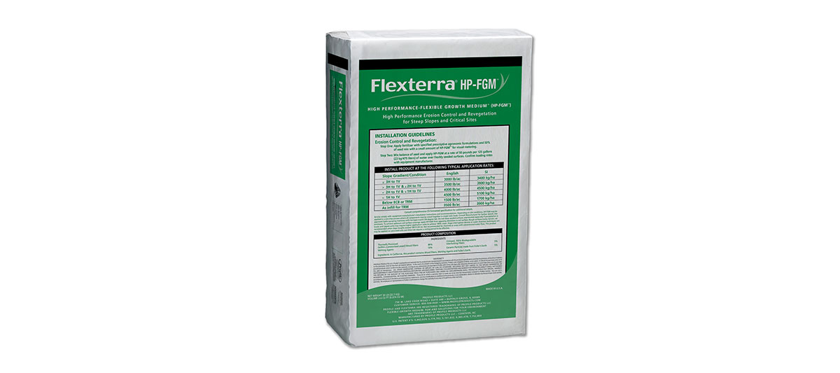 A white and green bag labeled Flexterra HP-FGM with detailed product information and application instructions printed on the front. The package is standing upright against a white background.