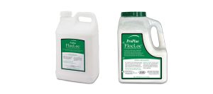 Two white containers of ProPlus FlocLoc with green labels, one with a handle and screw cap (left), the other a wider jug with a green-spotted cap (right), both used for water treatment.