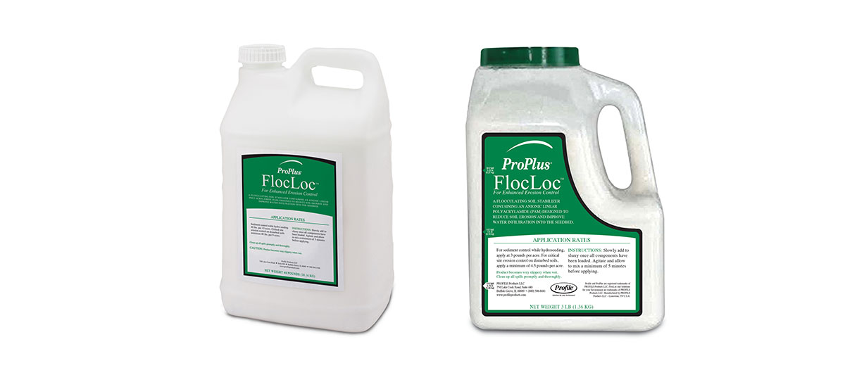 Two white containers of ProPlus FlocLoc with green labels, one with a handle and screw cap (left), the other a wider jug with a green-spotted cap (right), both used for water treatment.