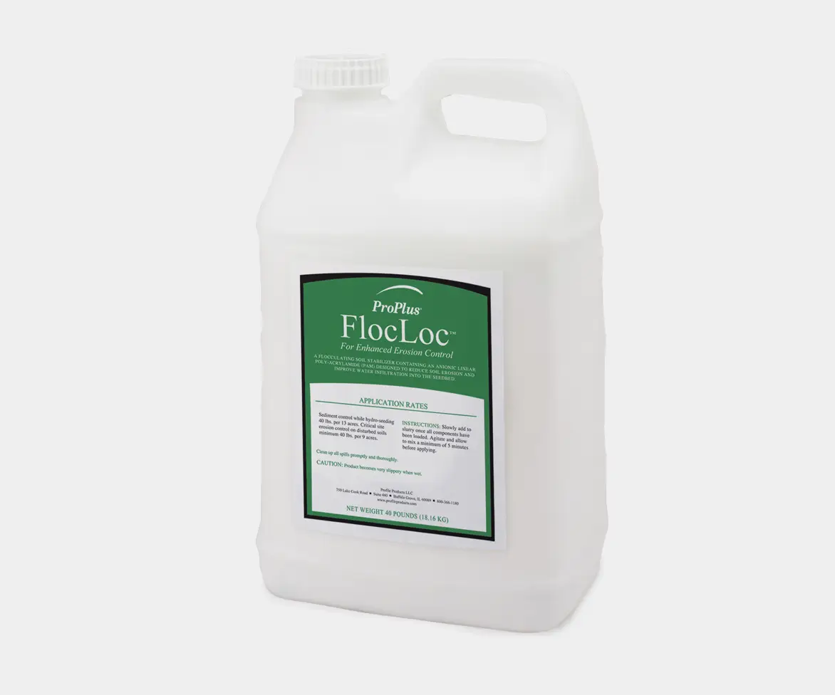 Translucent plastic jug with handle and screw cap labeled “ProPlus FlocLoc for Enhanced Erosion Control,” featuring a green label with application rates and product information.