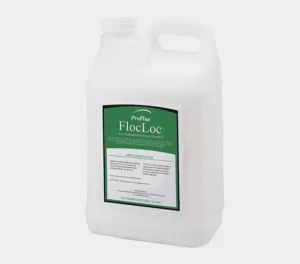 Translucent plastic jug with handle and screw cap labeled “ProPlus FlocLoc for Enhanced Erosion Control,” featuring a green label with application rates and product information.