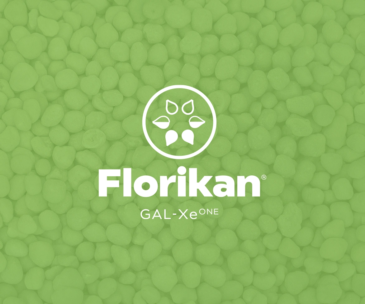 Green background with small round pellets. White Florikan logo in center, featuring a circle with leaf icons, Florikan text below, and GAL-XeONE underneath in smaller font.