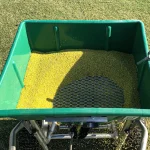 A green spreader filled with yellow granular fertilizer stands on grass, with some granules visible beneath a metal mesh inside the spreader.