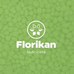 Florikan Nutricote logo in white over a green background with small rounded pellets. A circular icon with leaves appears above the brand name.