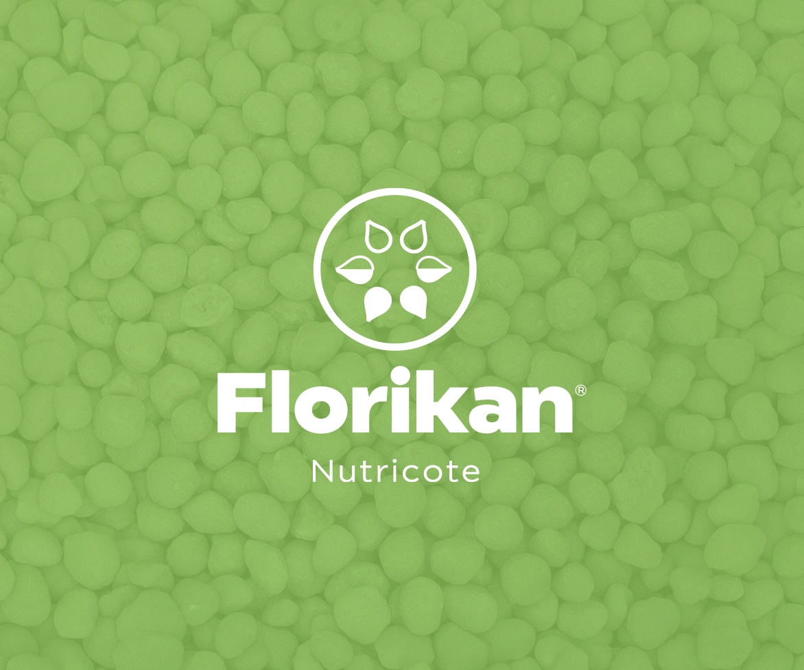 Florikan Nutricote logo in white over a green background with small rounded pellets. A circular icon with leaves appears above the brand name.