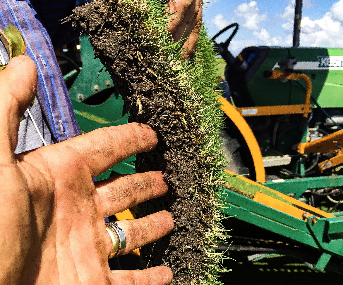 A close-up of hands holding a piece of grass turf with soil, with farming equipment visible in the background on a sunny day.