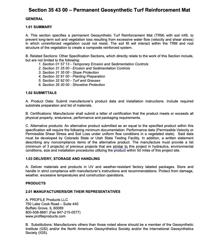 A document titled Section 35 43 00 – Permanent Geosynthetic Turf Reinforcement Mat includes summary, related sections, submittals, and manufacturer information for turf reinforcement mat installation.