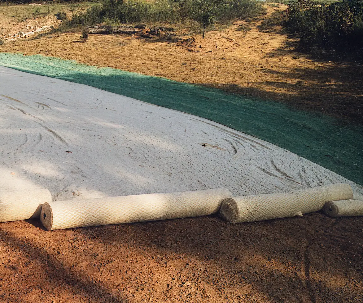 Large rolls of erosion control blanket partially unrolled over a sloped embankment beside a paved road, with a strip of green hydroseeded area along the roadside.