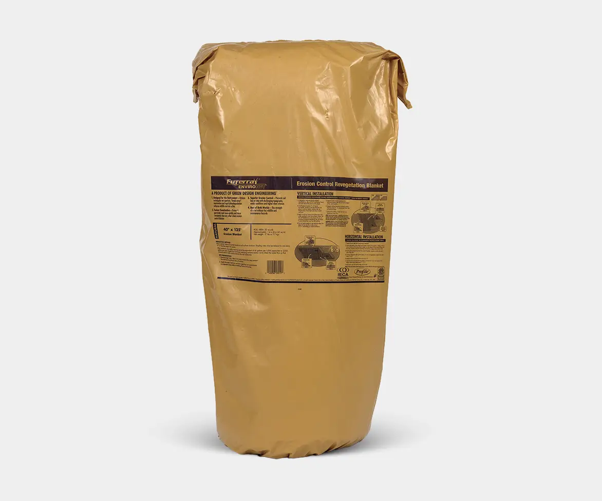 Sealed yellow package labeled “Futerra EnviroNet Erosion Control Revegetation Blanket” with installation diagrams and product information printed on the front.