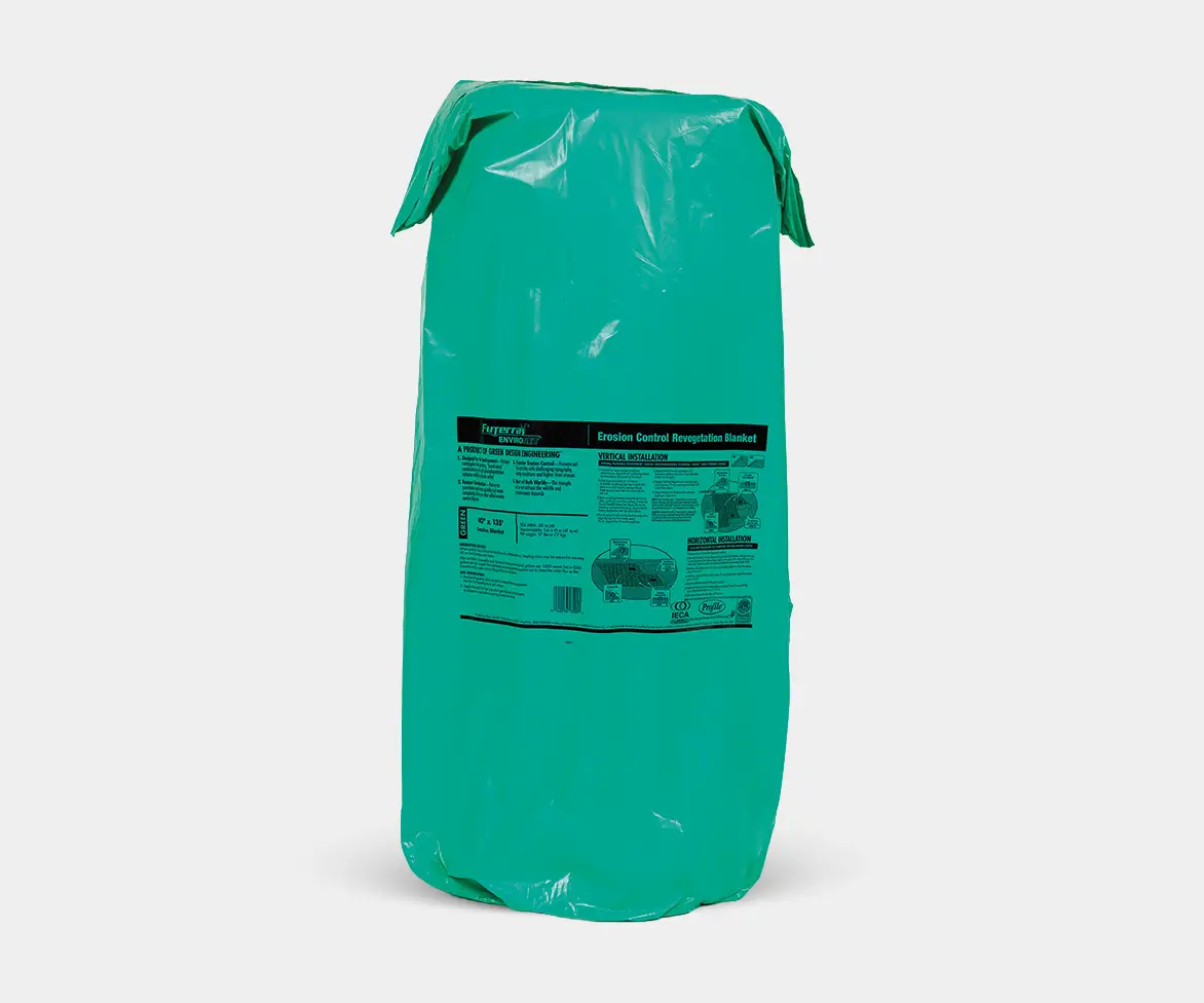 Sealed green package labeled “Futerra EnviroNet Erosion Control Revegetation Blanket” with installation diagrams and product information printed on the front.
