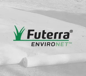 Logo reading “Futerra EnviroNet” with a stylized green grass graphic above rolled erosion control blanket material.