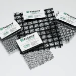 Samples of black turf reinforcement mesh with product cards labeled “Futerra 7003 TRM,” “Futerra R45 TRM,” “Futerra 10200 TRM,” and “Futerra 1010 TRM.”