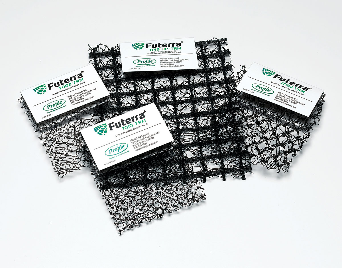 Four black mesh samples with Futerra labels are displayed on a white background. Each sample shows a different mesh pattern and texture, illustrating various erosion control matting options.