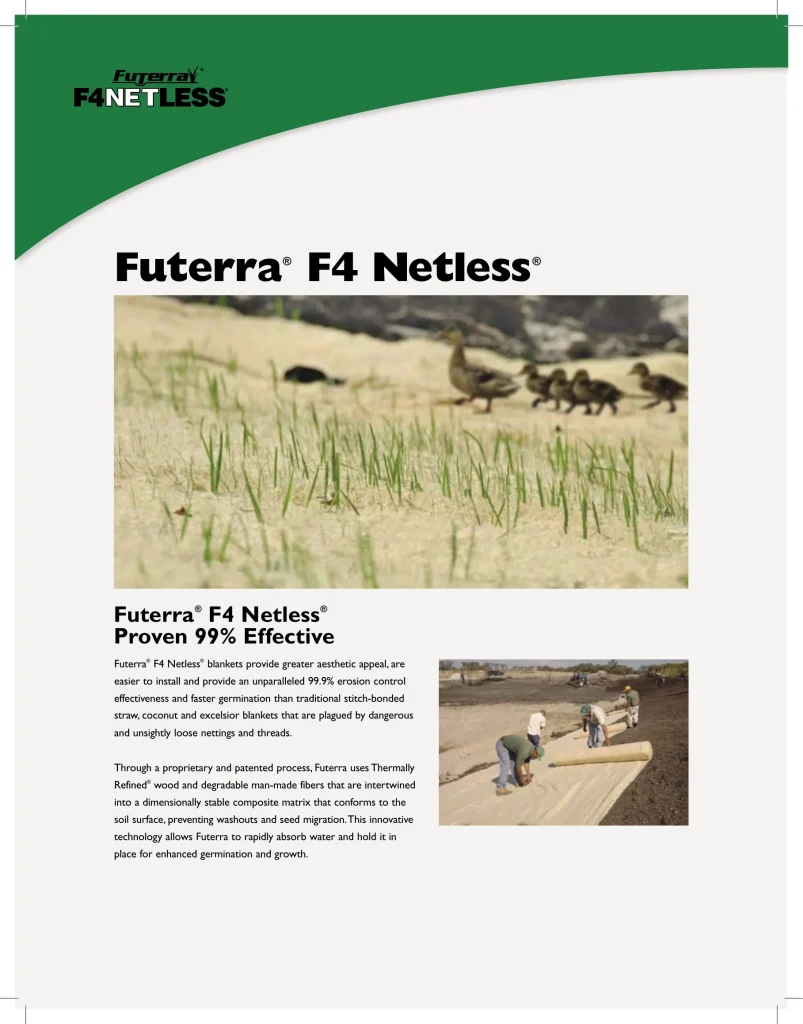 Futerra F4 Netless erosion control mat is shown on a bare roadside slope. A close-up highlights its netless texture, while a second image shows workers unrolling the mat on soil. Text details its effectiveness and benefits.