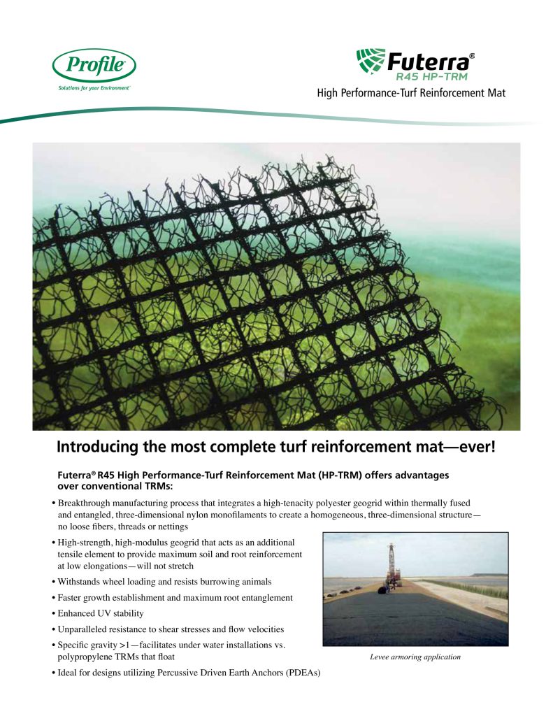 A roll of green turf reinforcement mat is unrolled on bare soil, showing a close view of its mesh structure. A small inset image shows the mat being applied with heavy machinery.