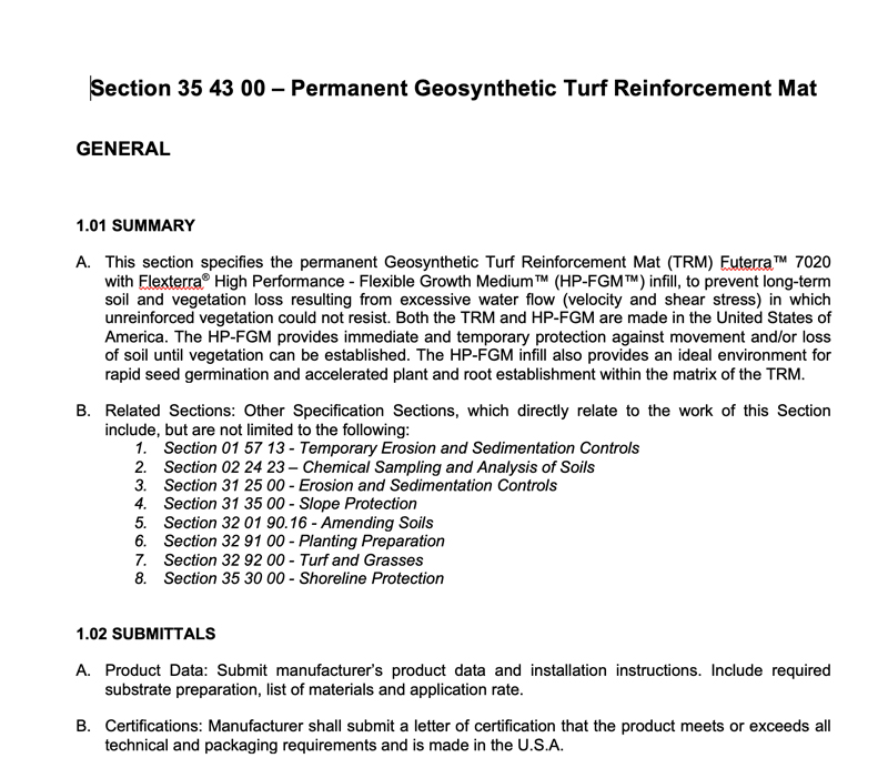 A document section on Geosynthetic Turf Reinforcement Mat, listing product details, uses, and related sections, with headings highlighted and some text in bold.
