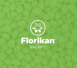 Green pellets in the background with the Florikan logo, a circle with four leaves, and the words Florikan GAL-XeONE in white text at the center.