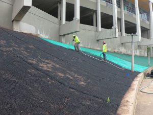 Two workers in safety gear spray green hydroseed on a sloped embankment outside a large concrete building. The slope is partially covered with black netting and blue and green flags are visible.