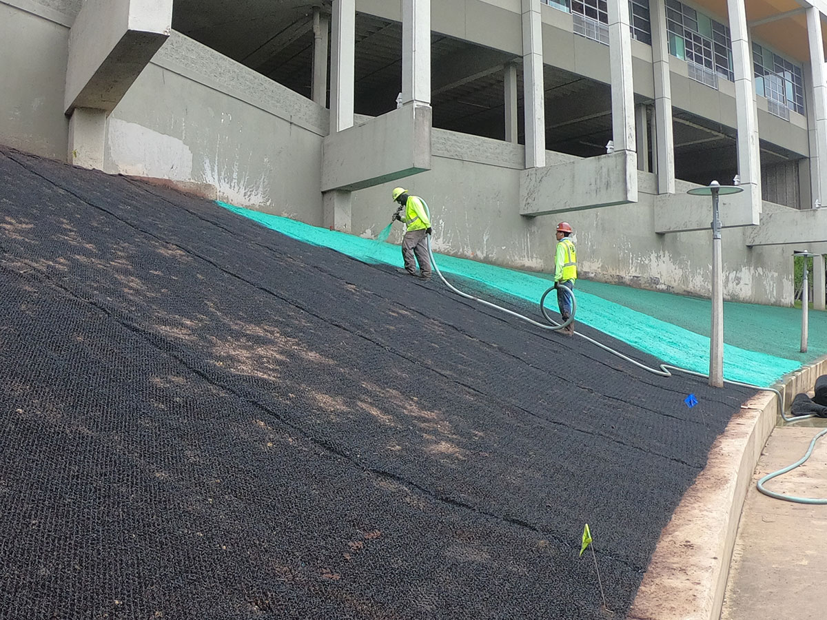 Two workers in safety gear spray green hydroseed on a sloped embankment outside a large concrete building. The slope is partially covered with black netting and blue and green flags are visible.