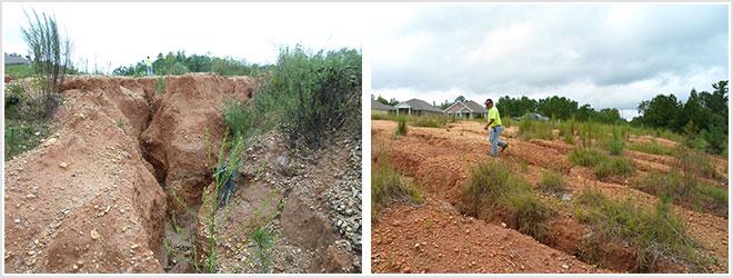 Two images show severe soil erosion: the left image displays deep erosional gullies, while the right image shows a person walking among rills and gullies in an eroded, grassy landscape near houses.