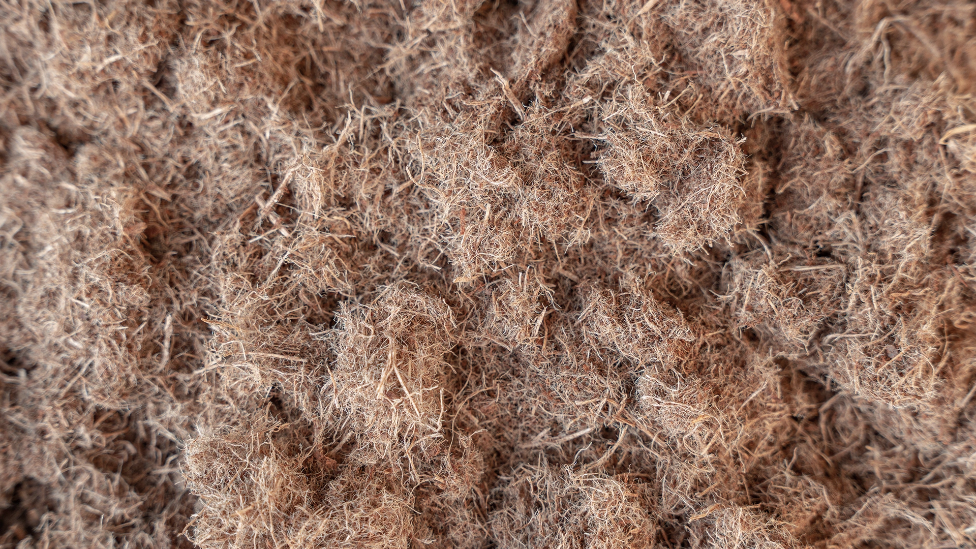 Close-up of a brown, fibrous, and textured material, possibly natural fibers or insulation, with tangled strands and uneven surface throughout the image.