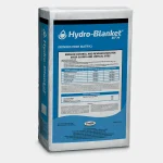 A white and blue bag labeled Hydro-Blanket BFM for erosion control and revegetation, showing product details and application rates on the front.