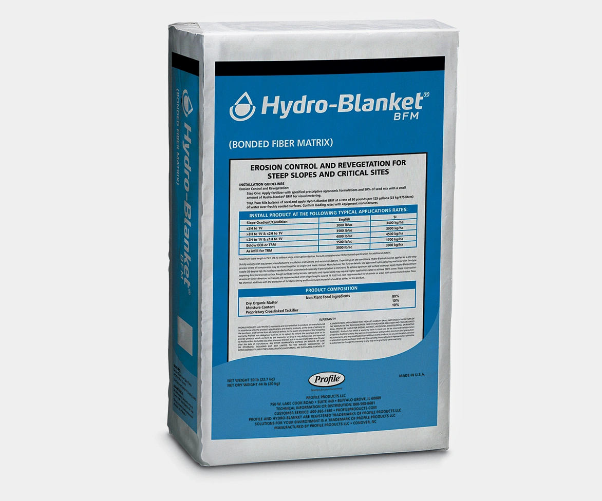 A white and blue bag labeled Hydro-Blanket BFM for erosion control and revegetation, showing product details and application rates on the front.