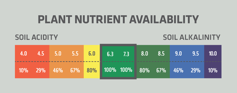 A chart shows plant nutrient availability by soil pH: 10% at pH 4.0, rising to 100% at pH 6.3–7.3, then decreases back to 10% at pH 10. Colors transition from red (acidic) to green (neutral) to blue (alkaline).