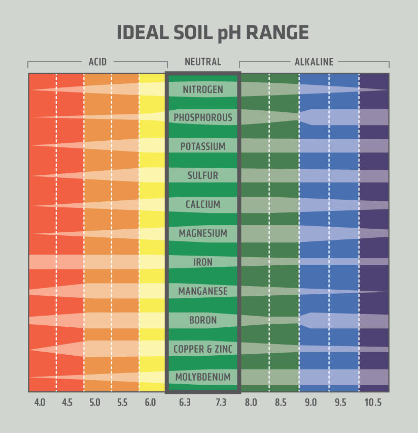 Chart titled Ideal Soil pH Range showing nutrient availability at different pH levels from 4.0 (acid) to 10.5 (alkaline), with widest availability between pH 6.0 and 7.5.