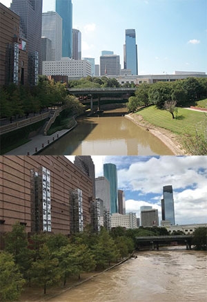 Two images of a city riverfront show a normal water level above, and severe flooding below. Tall buildings and bridges are visible in both images, with trees lining the riverbanks.