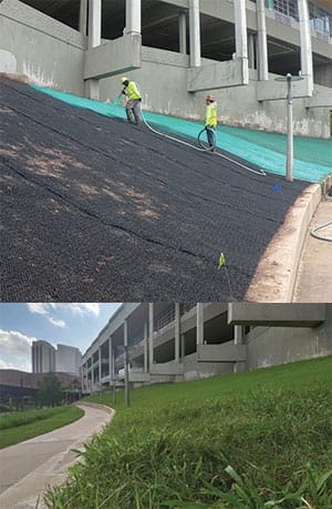 Two workers spray a green material on a sloped embankment next to a building; below, the same hillside is shown covered with healthy green grass beside a sidewalk.